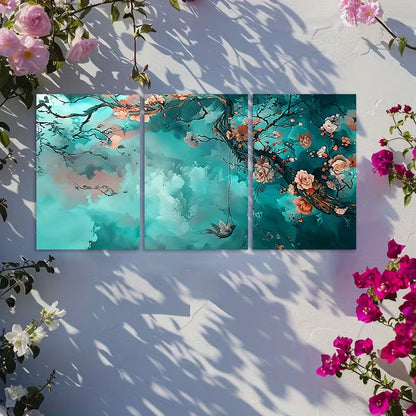 3pcs Cherry Blossom Featuring a Bird on a Swing Wall Art Set Canvas Framed 60x90cm - High Quality Print 100% Australian Made Wall Canvas Ready to Hang - Bella Home Decor