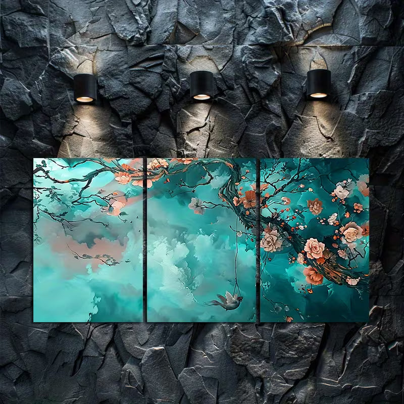 3pcs Cherry Blossom Featuring a Bird on a Swing Wall Art Set Canvas Framed 40x60cm - High Quality Print 100% Australian Made Wall Canvas Ready to Hang - Bella Home Decor