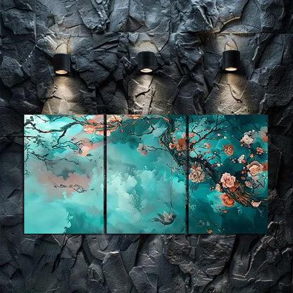 3pcs Cherry Blossom Featuring a Bird on a Swing Wall Art Set Canvas Framed 50x70cm - High Quality Print 100% Australian Made Wall Canvas Ready to Hang - Bella Home Decor
