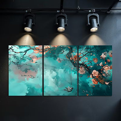 3pcs Cherry Blossom Featuring a Bird on a Swing Wall Art Set Canvas Framed 60x90cm - High Quality Print 100% Australian Made Wall Canvas Ready to Hang - Bella Home Decor