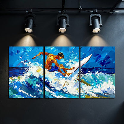 3pcs Ocean Wave Surfer Painting Wall Art Set Canvas Framed 60x90cm - High Quality Print 100% Australian Made Wall Canvas Ready to Hang