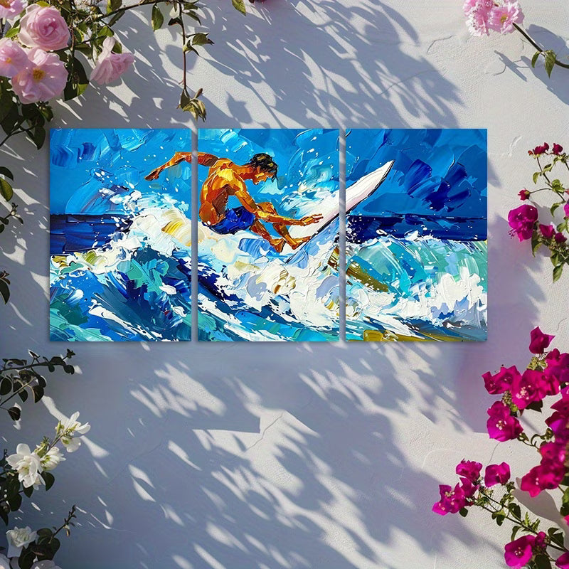 3pcs Ocean Wave Surfer Painting Wall Art Set Canvas Framed 40x60cm - High Quality Print 100% Australian Made Wall Canvas Ready to Hang