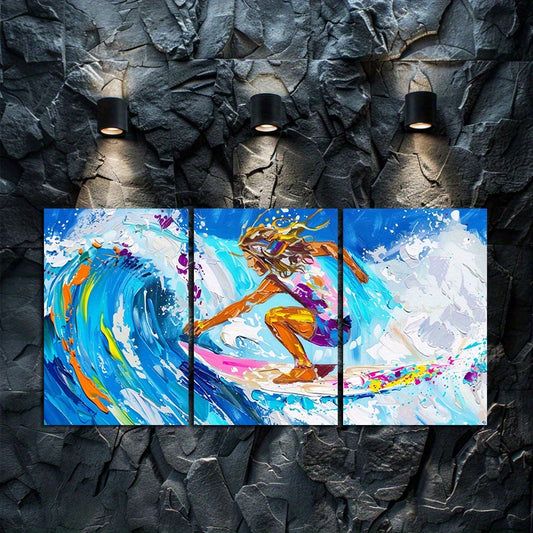 3pcs Vibrant Surfing Ocean Waves Wall Art Set Canvas Framed 50x70cm - High Quality Print 100% Australian Made Wall Canvas Ready to Hang