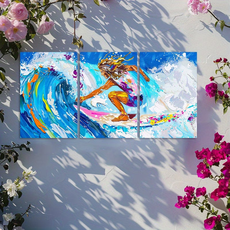 3pcs Vibrant Surfing Ocean Waves Wall Art Set Canvas Framed 40x60cm - High Quality Print 100% Australian Made Wall Canvas Ready to Hang
