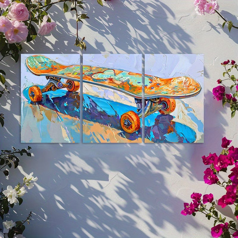 3pcs Urban Charm, Skateboard Illustration Wall Art Set Canvas Framed 50x70cm - High Quality Print 100% Australian Made Wall Canvas Ready to Hang