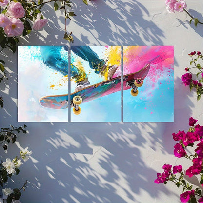 3pcs Vibrant Skateboarding Theme Wall Art Set Canvas Framed 60x90cm - High Quality Print 100% Australian Made Wall Canvas Ready to Hang