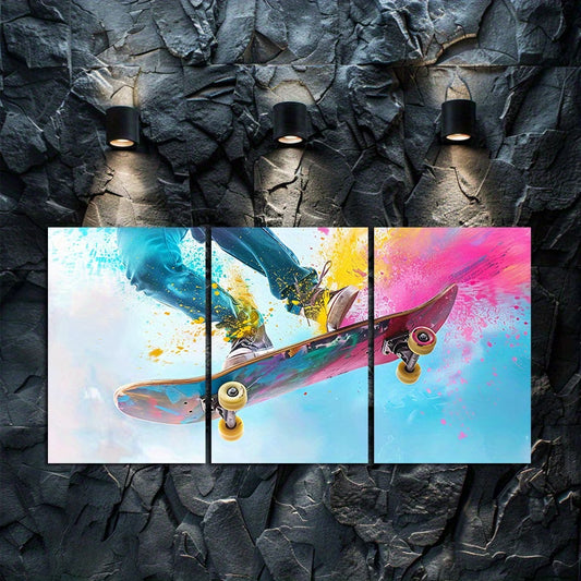 3pcs Vibrant Skateboarding Theme Wall Art Set Canvas Framed 50x70cm - High Quality Print 100% Australian Made Wall Canvas Ready to Hang