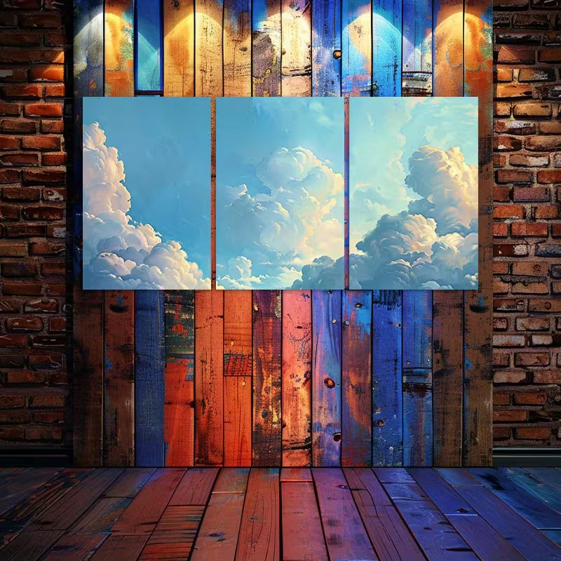 3pcs Blue Sky and White Clouds together Wall Art Set Canvas Framed 40x60cm - High Quality Print 100% Australian Made Wall Canvas Ready to Hang - Bella Home Decor