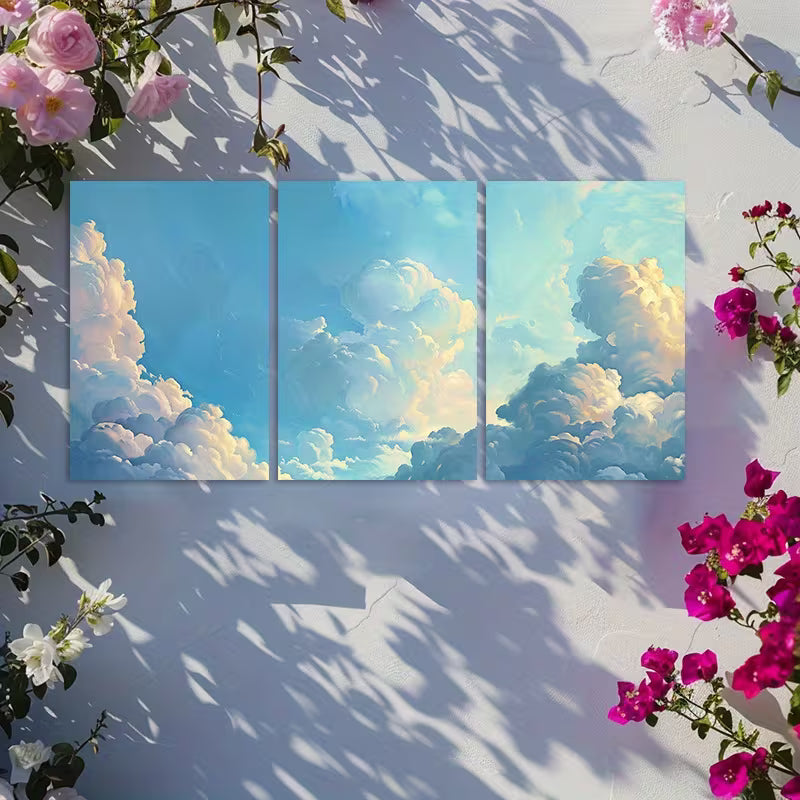 3pcs Blue Sky and White Clouds together Wall Art Set Canvas Framed 60x90cm - High Quality Print 100% Australian Made Wall Canvas Ready to Hang - Bella Home Decor