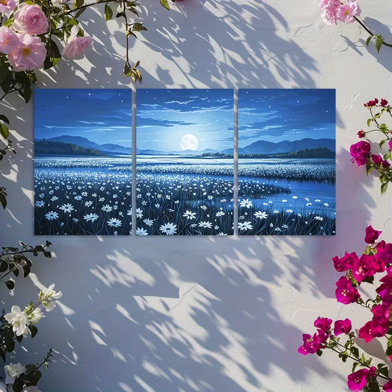 3pcs Oil Paintings with Flowers and Moon Wall Art Set Canvas Framed 60x90cm - High Quality Print 100% Australian Made Wall Canvas Ready to Hang