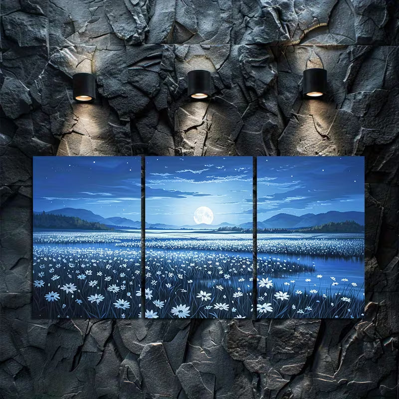 3pcs Oil Paintings with Flowers and Moon Wall Art Set Canvas Framed 40x60cm - High Quality Print 100% Australian Made Wall Canvas Ready to Hang