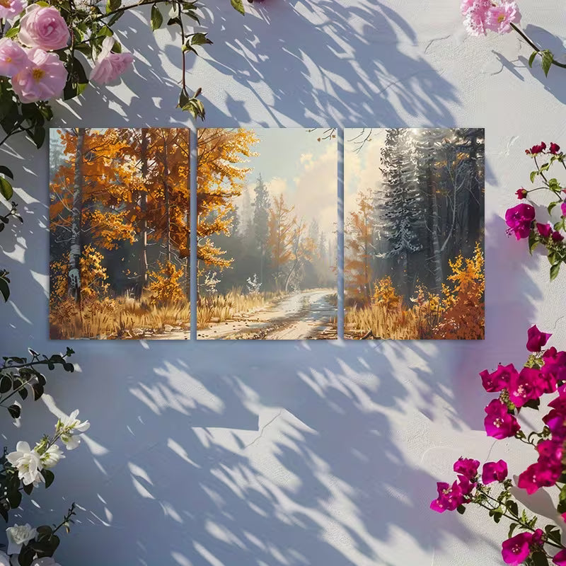 3pcs Charming Muddy Road & Autumn Season Wall Art Set Canvas Framed 40x60cm - High Quality Print 100% Australian Made Wall Canvas Ready to Hang - Bella Home Decor