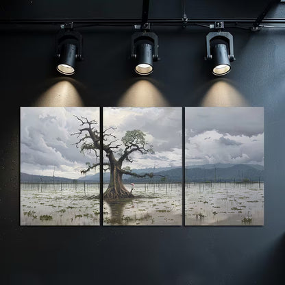 3pcs Solitary Mangrove Tree in a Body of Water Wall Art Set Canvas Framed 50x70cm - High Quality Print 100% Australian Made Wall Canvas Ready to Hang