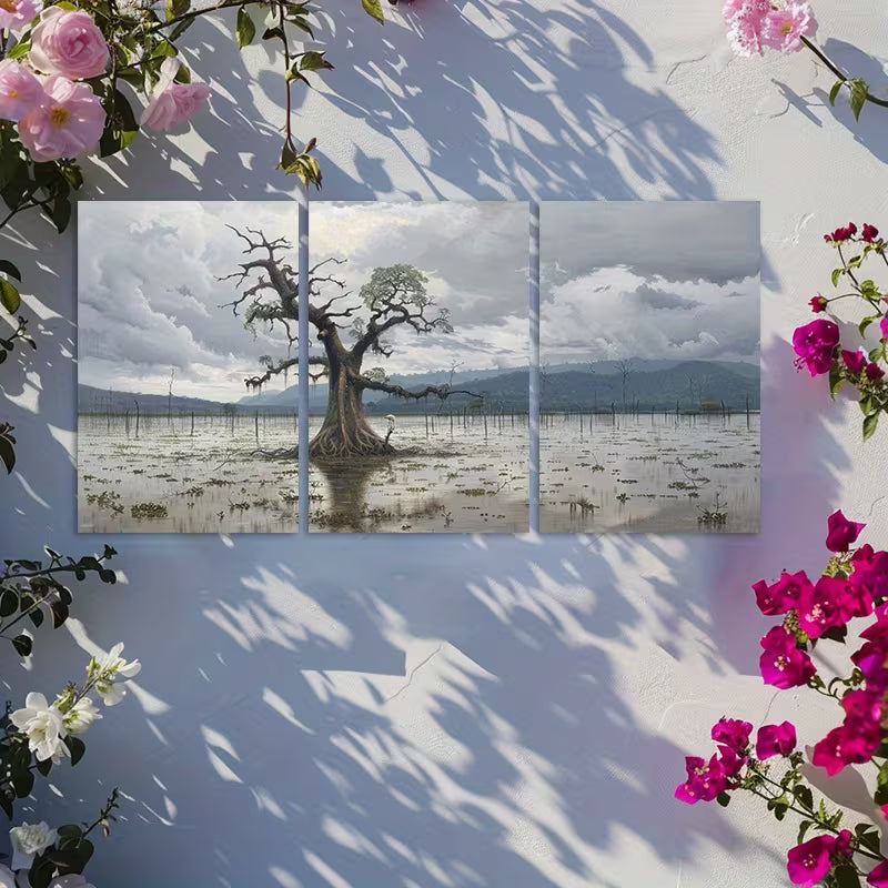 3pcs Solitary Mangrove Tree in a Body of Water Wall Art Set Canvas Framed 60x90cm - High Quality Print 100% Australian Made Wall Canvas Ready to Hang