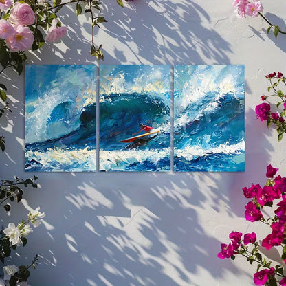 3pcs Waves Test a Surfer’s Willpower Wall Art Set Canvas Framed 60x90cm - High Quality Print 100% Australian Made Wall Canvas Ready to Hang