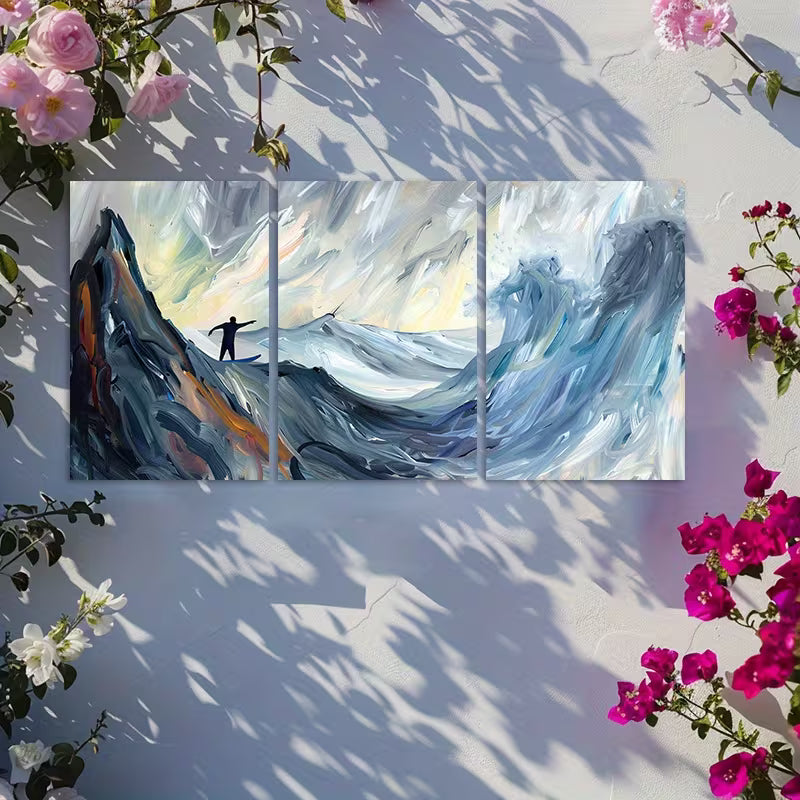 3pcs Waves Challenge a Surfer’s Willpower Wall Art Set Canvas Framed 40x60cm - High Quality Print 100% Australian Made Wall Canvas Ready to Hang