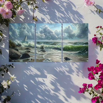 3pcs Stormy Seascape Painting Wall Art Set Canvas Framed 50x70cm - High Quality Print 100% Australian Made Wall Canvas Ready to Hang