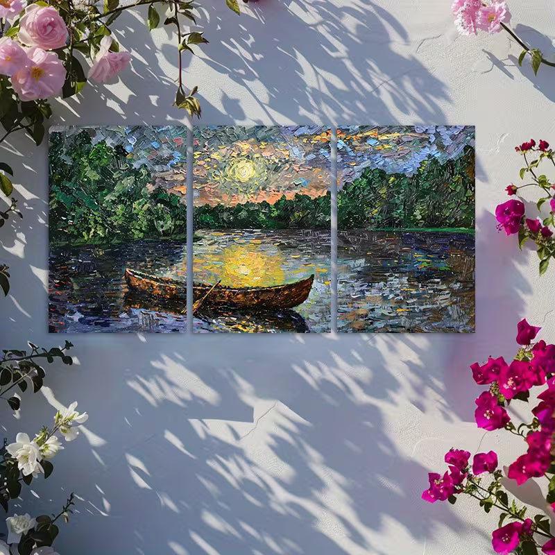 3pcs Moonlit Lake Scene with a Canoe Wall Art Set Canvas Framed 50x70cm - High Quality Print 100% Australian Made Wall Canvas Ready to Hang