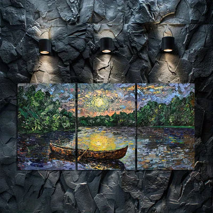 3pcs Moonlit Lake Scene with a Canoe Wall Art Set Canvas Framed 40x60cm - High Quality Print 100% Australian Made Wall Canvas Ready to Hang