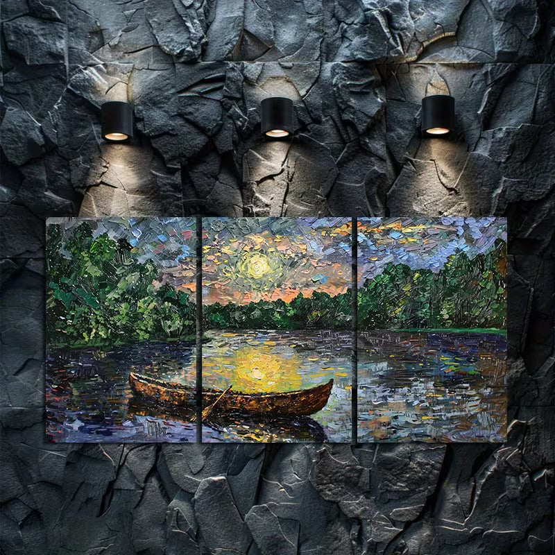 3pcs Moonlit Lake Scene with a Canoe Wall Art Set Canvas Framed 50x70cm - High Quality Print 100% Australian Made Wall Canvas Ready to Hang