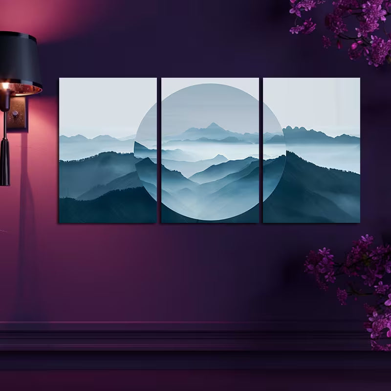 3pcs Mountains with an Abstract Mirror Effect Wall Art Set Canvas Framed 40x60cm - High Quality Print 100% Australian Made Wall Canvas Ready to Hang