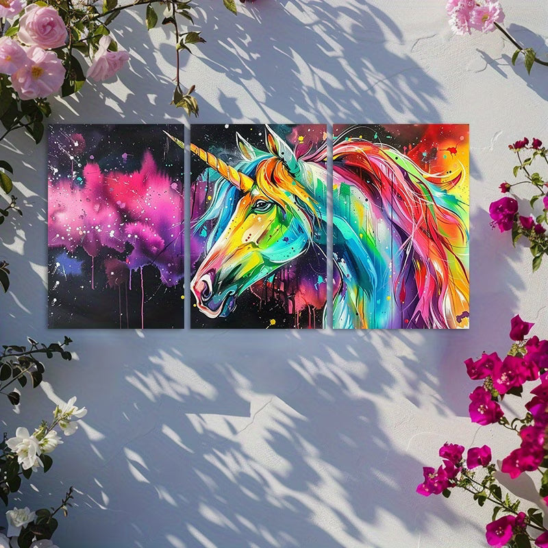 3pcs Oil Painting of a Magical Unicorn Wall Art Set Canvas Framed 60x90cm - High Quality Print 100% Australian Made Wall Canvas Ready to Hang