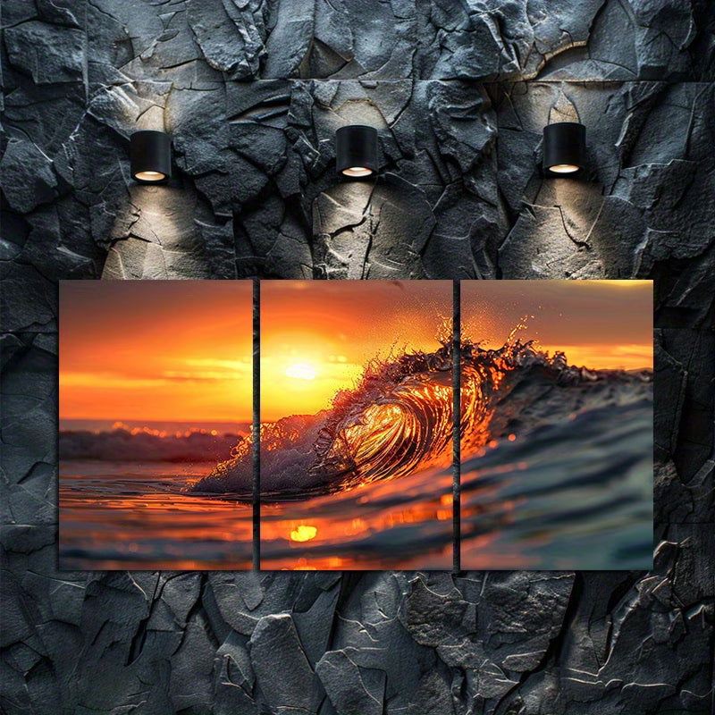 3pcs Sunset Wave Sea Landscape Wall Art Set Canvas Framed 50x70cm - High Quality Print 100% Australian Made Wall Canvas Ready to Hang