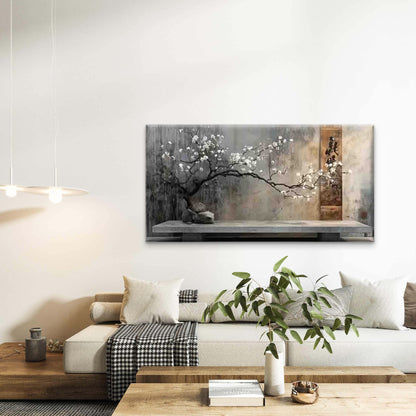 Cherry Blossom Tree on a Stone Wall Art Canvas Office Home Room Framed 120x60cm - Bella Home Decor