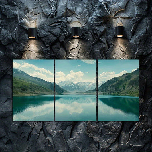 3pcs Reflective Almaty Lake and Mountain Scenery Wall Art Set Canvas Framed 40x60cm - High Quality Print 100% Australian Made Wall Canvas Ready to Hang