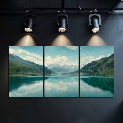 3pcs Reflective Almaty Lake and Mountain Scenery Wall Art Set Canvas Framed 40x60cm - High Quality Print 100% Australian Made Wall Canvas Ready to Hang