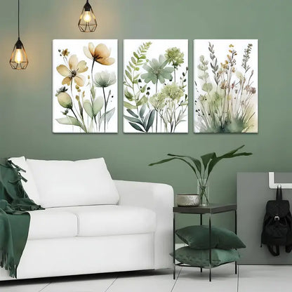 3pcs Green & Beige Floral Prints Metal Print Ready to Hang Art