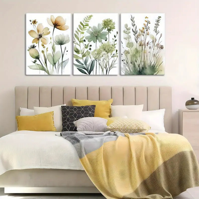 3pcs Green & Beige Floral Prints Metal Print Ready to Hang Art