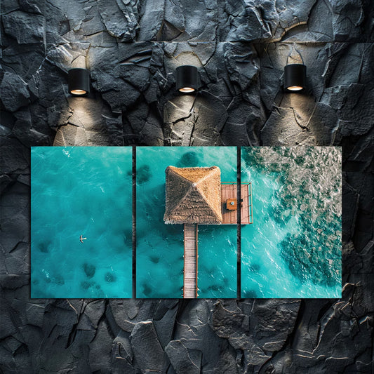 3pcs Wooden Pier and Thatched Roof Huts Wall Art Set Canvas Framed 50x70cm - High Quality Print 100% Australian Made Wall Canvas Ready to Hang