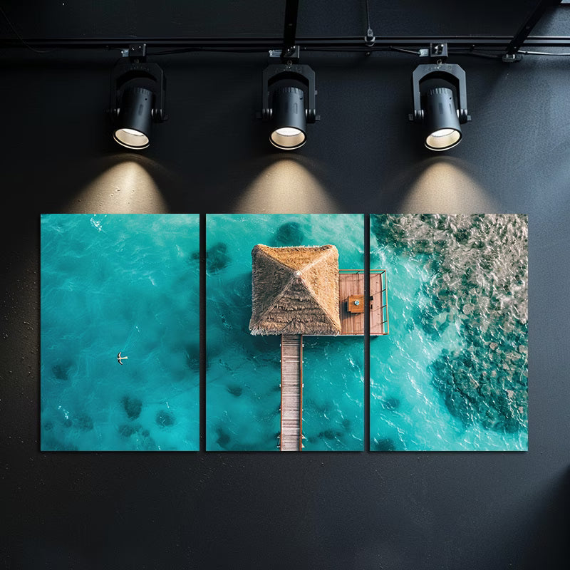 3pcs Wooden Pier and Thatched Roof Huts Wall Art Set Canvas Framed 40x60cm - High Quality Print 100% Australian Made Wall Canvas Ready to Hang