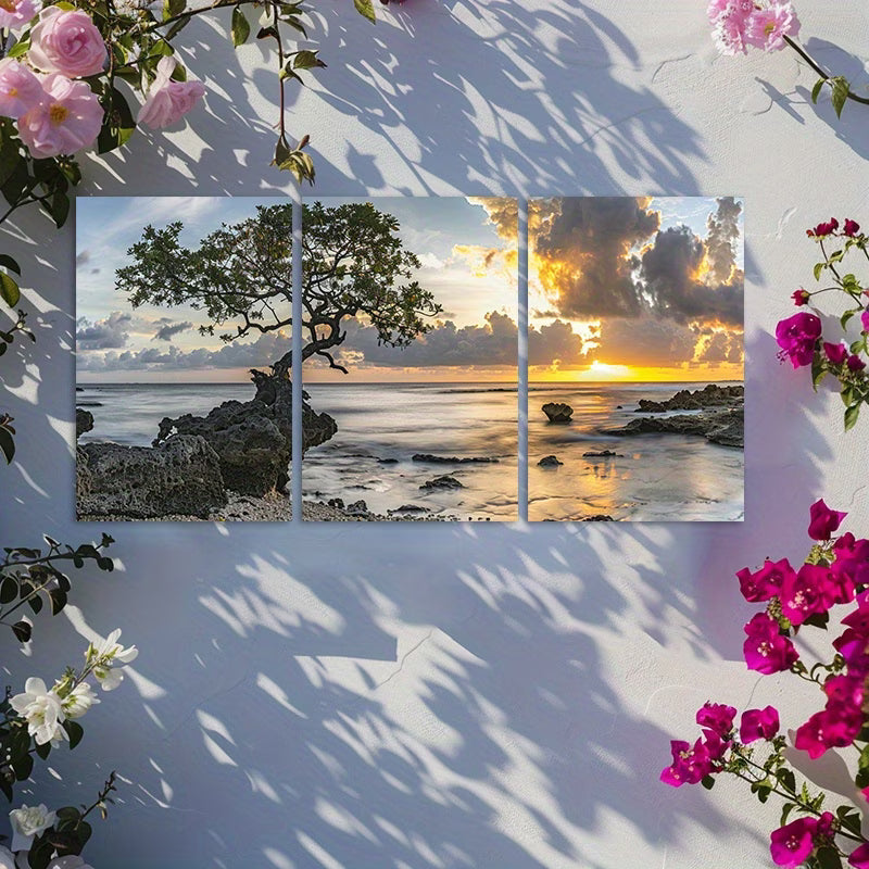 3pcs Serene Sunset Mangrove & Rocks Scene Wall Art Set Canvas Framed 60x90cm - High Quality Print 100% Australian Made Wall Canvas Ready to Hang