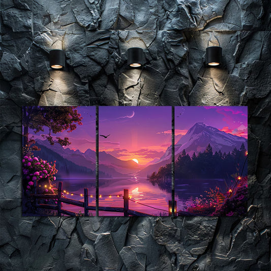 3pcs Vibrant Purple Pink Sky Lake Sunset Wall Art Set Canvas Framed 60x90cm - High Quality Print 100% Australian Made Wall Canvas Ready to Hang