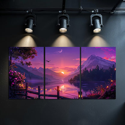 3pcs Vibrant Purple Pink Sky Lake Sunset Wall Art Set Canvas Framed 40x60cm - High Quality Print 100% Australian Made Wall Canvas Ready to Hang