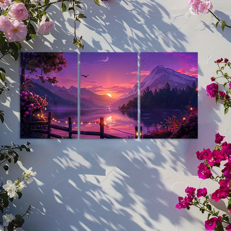 3pcs Vibrant Purple Pink Sky Lake Sunset Wall Art Set Canvas Framed 40x60cm - High Quality Print 100% Australian Made Wall Canvas Ready to Hang