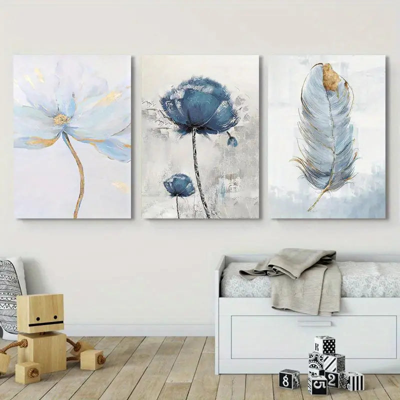 3pcs Blue Flower & Feather  Metal Print Ready to Hang Art - Bella Home Decor