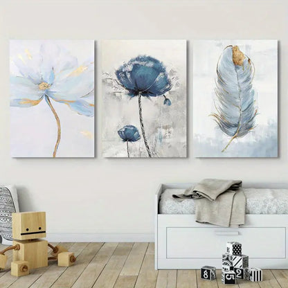 3pcs Blue Flower & Feather  Metal Print Ready to Hang Art - Bella Home Decor