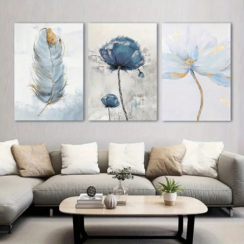 3pcs Blue Flower & Feather  Metal Print Ready to Hang Art - Bella Home Decor