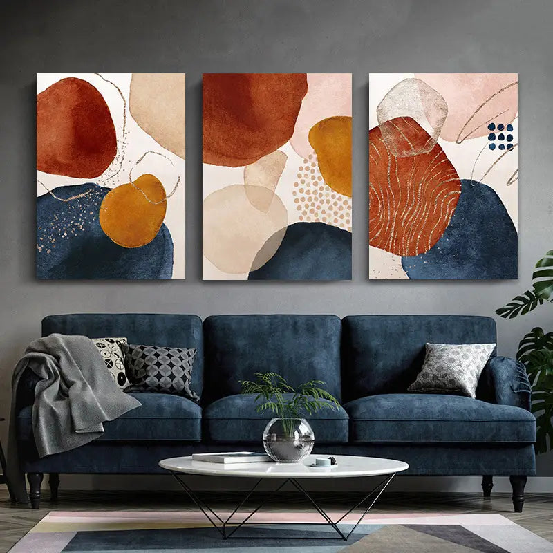 3pcs Brown Orange Blue Watercolor Metal Print Ready to Hang Art - Bella Home Decor