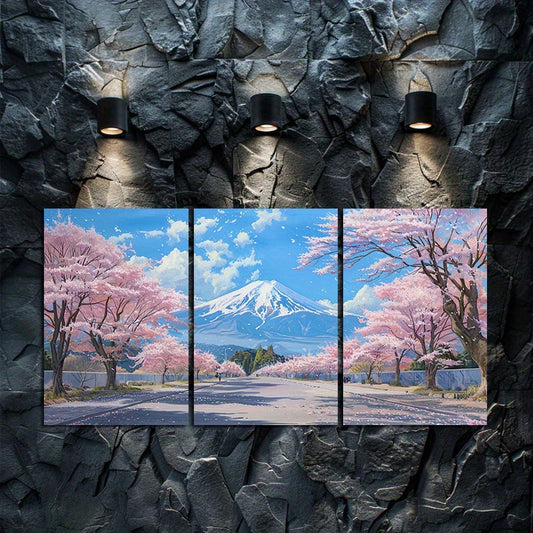 3pcs Cherry Blossom and Mount Fuji Scenery Wall Art Set Canvas Framed 50x70cm - High Quality Print 100% Australian Made Wall Canvas Ready to Hang