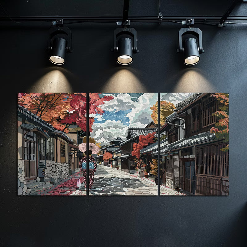 3pcs Japanese Street  Shin Hai Cheng Scene Wall Art Set Canvas Framed 50x70cm - High Quality Print 100% Australian Made Wall Canvas Ready to Hang