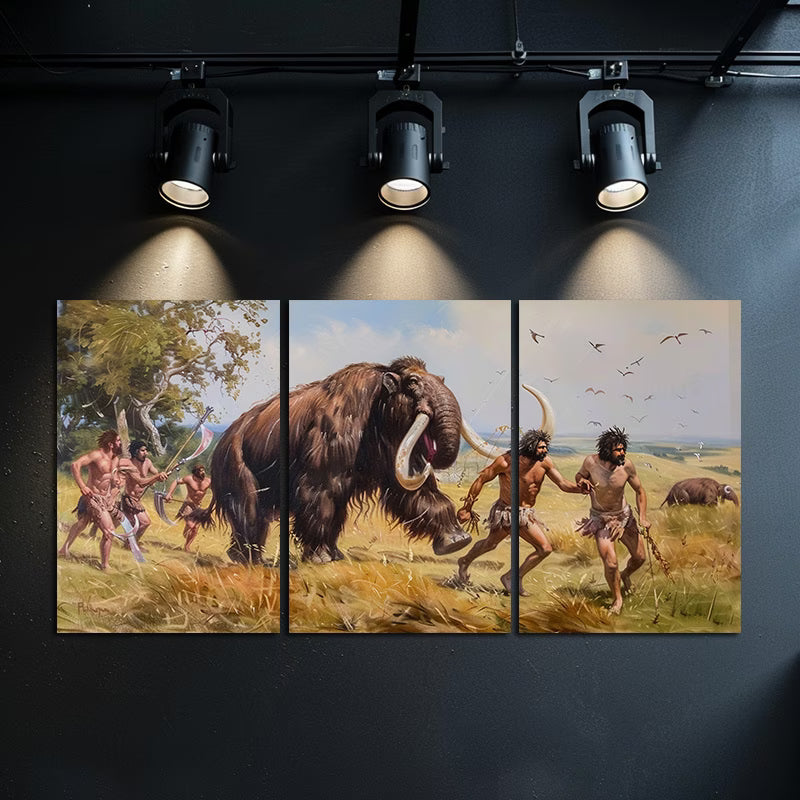 3pcs Prehistoric Hunting Scene Ancient Humans Wall Art Set Canvas Framed 50x70cm - High Quality Print 100% Australian Made Wall Canvas Ready to Hang