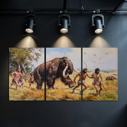 3pcs Prehistoric Hunting Scene Ancient Humans Wall Art Set Canvas Framed 50x70cm - High Quality Print 100% Australian Made Wall Canvas Ready to Hang