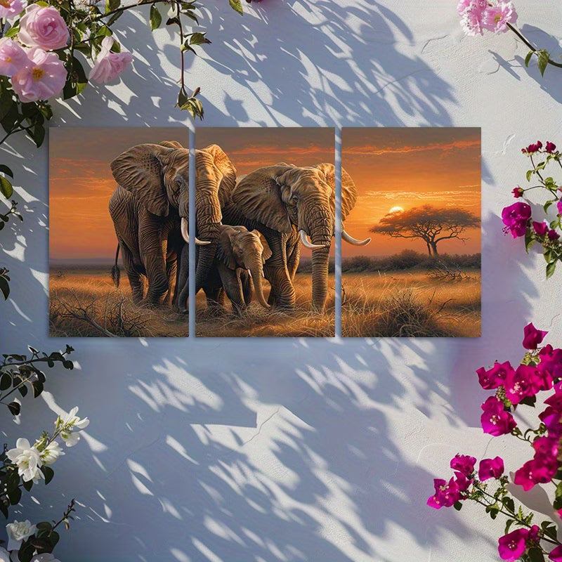 3pcs Elephants on the Grassland Warm Scene Wall Art Set Canvas Framed 50x70cm - High Quality Print 100% Australian Made Wall Canvas Ready to Hang