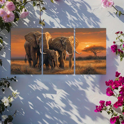 3pcs Elephants on the Grassland Warm Scene Wall Art Set Canvas Framed 50x70cm - High Quality Print 100% Australian Made Wall Canvas Ready to Hang