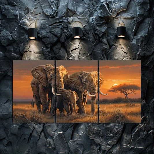 3pcs Elephants on the Grassland Warm Scene Wall Art Set Canvas Framed 40x60cm - High Quality Print 100% Australian Made Wall Canvas Ready to Hang