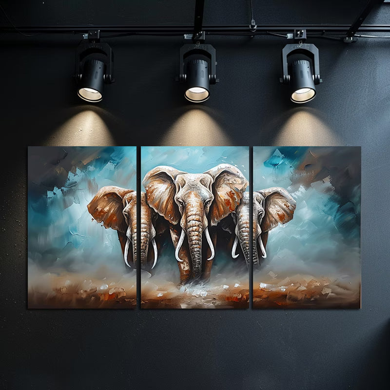 3pcs Elephant Trio Grandeur and Unity Themed Wall Art Set Canvas Framed 60x90cm - High Quality Print 100% Australian Made Wall Canvas Ready to Hang